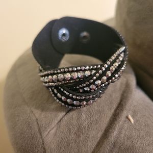 Paparazzi black fabric white beaded criss cross wrap and snap bracelet